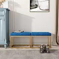 Blue Sofa Bench With Golden Frame And Brown Shoes Near Light Blue Cabinet