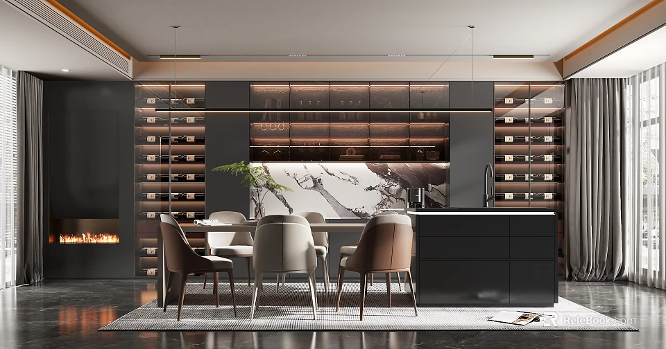 Modern Dining Room Interior With Open Layout Wine Rack Marble Tabletop And Chairs 3d model