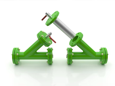 Green Y shaped Pipe Filters With Valves Red Handles And Silver Components 3d model
