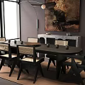 Modern Restaurant Interior With Long Dining Table Black Chairs Large Abstract Painting And Gray Walls