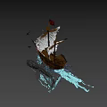 Floating Pirate Ship Model With Skull Flag White Sails And Water Reflection