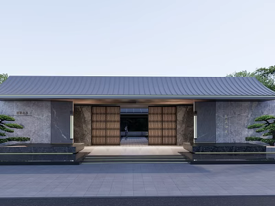 Traditional Chinese Entrance Gate With Gray Roof Wooden Doors Stone Walls And Side Pine Trees 3d model