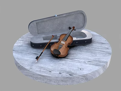 Musical Instruments Violin With Bow And Open Case On Wooden Platform Featuring Music Notes 3d model