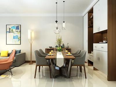 Modern Dining and Living Room Interior With Dining Table Chairs Hanging Lights Wall Art Sofa 3d model