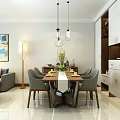 Modern Dining and Living Room Interior With Dining Table Chairs Hanging Lights Wall Art Sofa