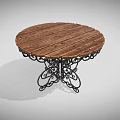 Rustic Outdoor Table With Wooden Plank Top And Decorative Metal Curved Legs