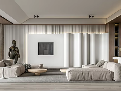 Modern Living Room Interior Design With Beige Sofa TV Sculpture And Curtains 3d model
