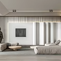Modern Living Room Interior Design With Beige Sofa TV Sculpture And Curtains