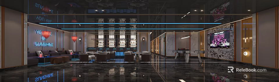 Luxury KTV Lounge Interior Design With Comfortable Sofas Bar Counter And Modern Lighting 3d model