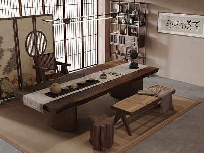 Traditional Japanese Tea Room Interior With Wooden Table Tea Sets Bench Bookshelf And Scroll Painting 3d model