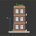 Cartoon Style Three Story Orange Building With Windows Roof Plants And Blue Street Lamp