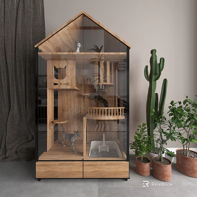 Wooden Glass Multi tiered Garden Decor With Potted Cactus And Green Plants 3d model 