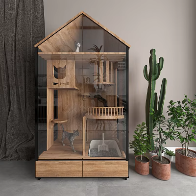 Wooden Glass Multi tiered Garden Decor With Potted Cactus And Green Plants 3d model