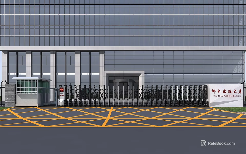 Modern Commercial Building Entrance With Folding Gate Glass Curtain Wall And Yellow Ground Markings 3d model 