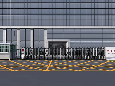 Modern Commercial Building Entrance With Folding Gate Glass Curtain Wall And Yellow Ground Markings 3d model