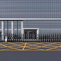 Modern Commercial Building Entrance With Folding Gate Glass Curtain Wall And Yellow Ground Markings