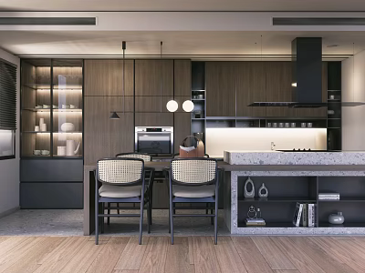 Modern Restaurant Kitchen Interior With Wooden Cabinets Marble Island Dining Table Chairs And Pendant Lights 3d model