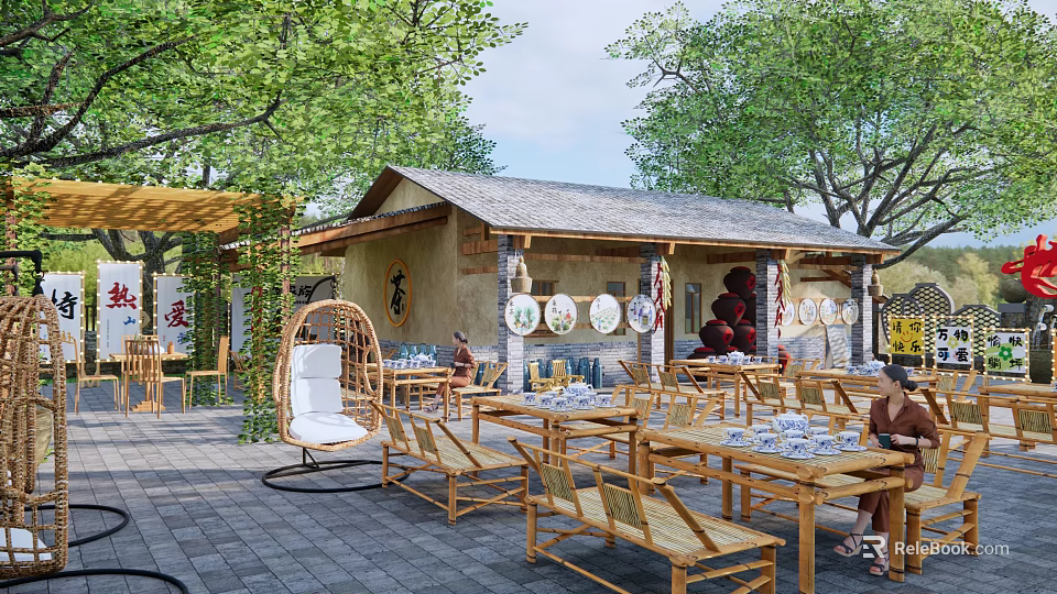 Courtyard Garden Featuring Bamboo Furniture Swing Chair Cottage Trees And Decorative Plates 3d model 