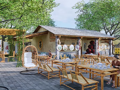 Courtyard Garden Featuring Bamboo Furniture Swing Chair Cottage Trees And Decorative Plates 3d model
