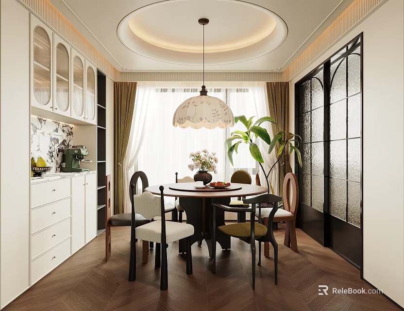 Modern Dining Room Interior Design With Round Table Chairs Pendant Light White Cabinets And Green Plant 3d model 