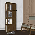 Modern Walnut Bookcase With Open Shelves Decorative Books Near Accent Chair Against Wooden Wall