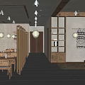 Minimalist Restaurant Interior Featuring Wooden Partition Tables Chairs Bookshelf And Decorative Tapestry
