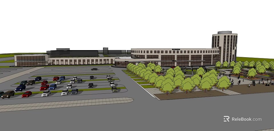 Modern Commercial Building Exterior Architecture With Parking Lot Landscaped Area And Trees 3d model 