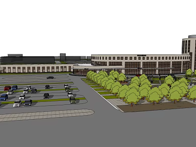 Modern Commercial Building Exterior Architecture With Parking Lot Landscaped Area And Trees 3d model
