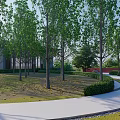 Curved White Pathways In Lush Green Garden Landscape With Dense Trees And Architectural Structures