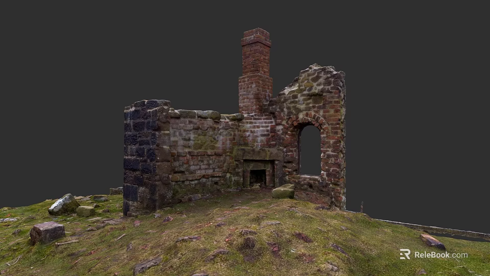 Ruined Detached House With Red Brick Chimney Stone Walls And Arched Doorway 3d model 