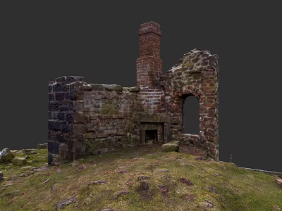 Ruined Detached House With Red Brick Chimney Stone Walls And Arched Doorway 3d model