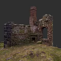 Ruined Detached House With Red Brick Chimney Stone Walls And Arched Doorway