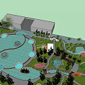 Park Landscape with Circular Ponds Lush Greenery Winding Paths and Wooden Pavilion