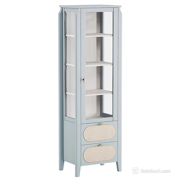 Light Blue Decorative Cabinet With Glass Door Interior Shelves And Woven Bottom Drawers 3d model 