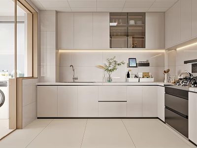 Modern Kitchen Interior Design With White Cabinets Glass Door Upper Cabinets And Vase On Countertop 3d model