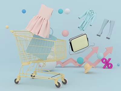 Shopping Cart With Fashion Clothing Mobile Phone And Sales Growth Indicators 3d model