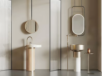 Modern Bathroom Washbasin Design With Round Mirror Wooden White Pedestals And Side Table 3d model