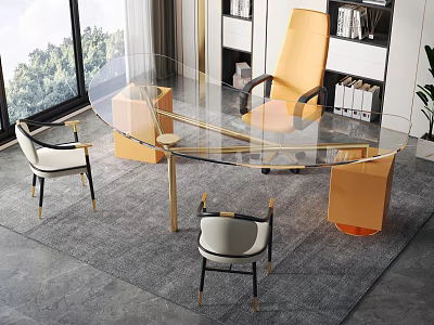 Modern Luxury Office Desk With Glass Top Golden Legs Yellow White Chairs Bookshelf Green Plant 3d model