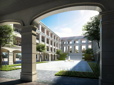Multi Story School Building With Arched Porch Courtyard Fountain Trees And Sunlight Blue Sky 3d model