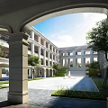 Multi Story School Building With Arched Porch Courtyard Fountain Trees And Sunlight Blue Sky