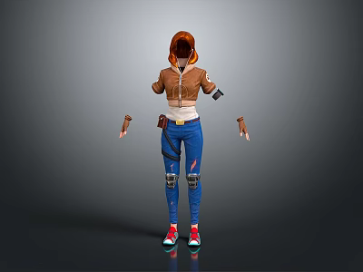 Essential Daily Living Apparel Products Including Brown Jacket Blue Jeans Knee Pads And Red Shoes 3d model