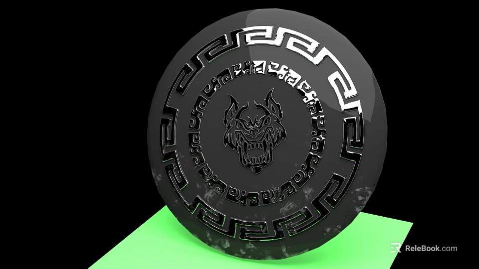 Black Circular Weapon Featuring Wolf Head Design And Intricate Geometric Patterns 3d model