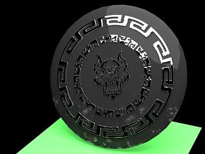 Black Circular Weapon Featuring Wolf Head Design And Intricate Geometric Patterns 3d model