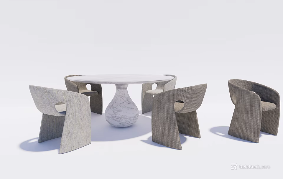 Modern Dining Table Set With Round White Marble Tabletop And Gray Chairs 3d model 