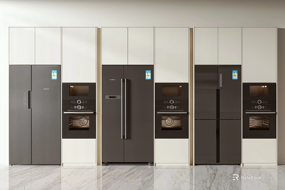 Modern Kitchen Interior With Built in Refrigerators Freezers And White Dark Cabinetry 3d model 
