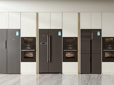 Modern Kitchen Interior With Built in Refrigerators Freezers And White Dark Cabinetry 3d model