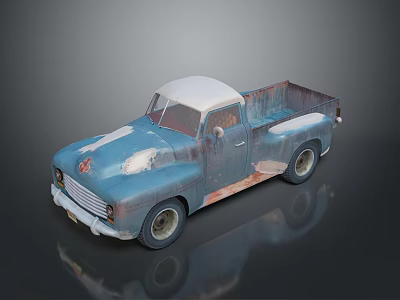 Vintage Blue Pickup Truck With White Roof And Rusty Body Details 3d model