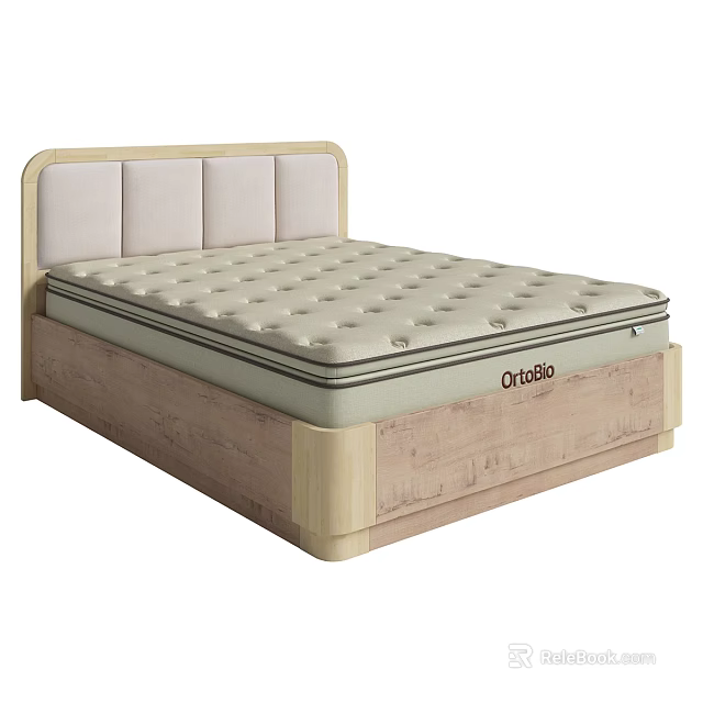 Modern Double Bed With Upholstered Headboard Wooden Frame And Ortego Tufted Mattress 3d model 