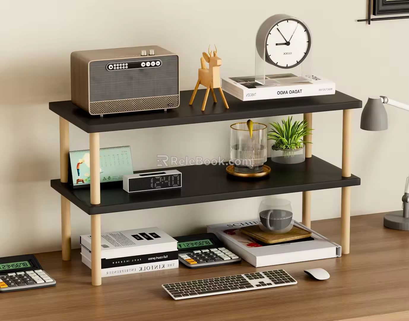 Modern Simple Solid Wood Table Storage Rack Double-Layer Storage Rack Partition Desk Shelf Antique Log Style Desktop Ornaments Layered Storage Rack 3d model
