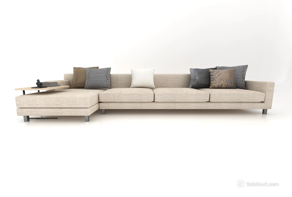 Modern Beige Multi Person Fabric Sofa With Multiple Decorative Cushions And Side Table 3d model